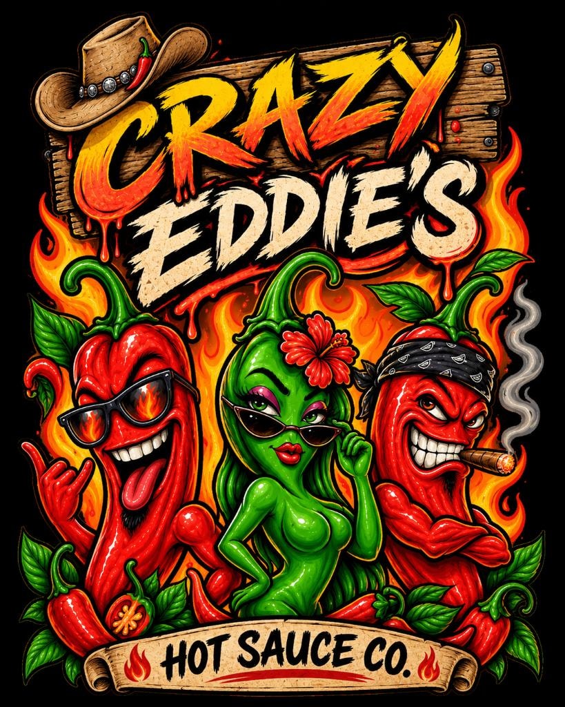 Illustrated Crazy Eddie's Wild Brew artwork featuring the three original friends