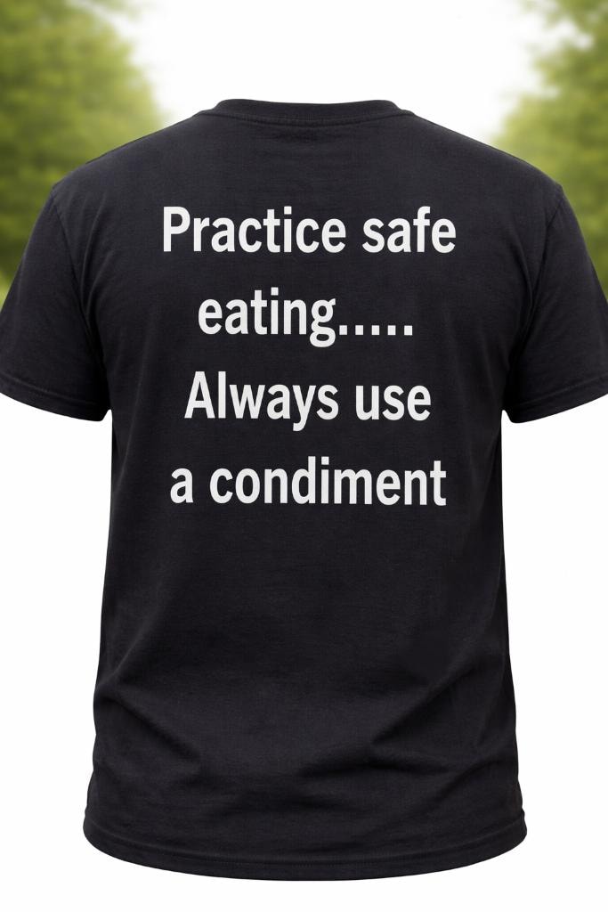 Safe Eating Slogan across the back of a black shirt