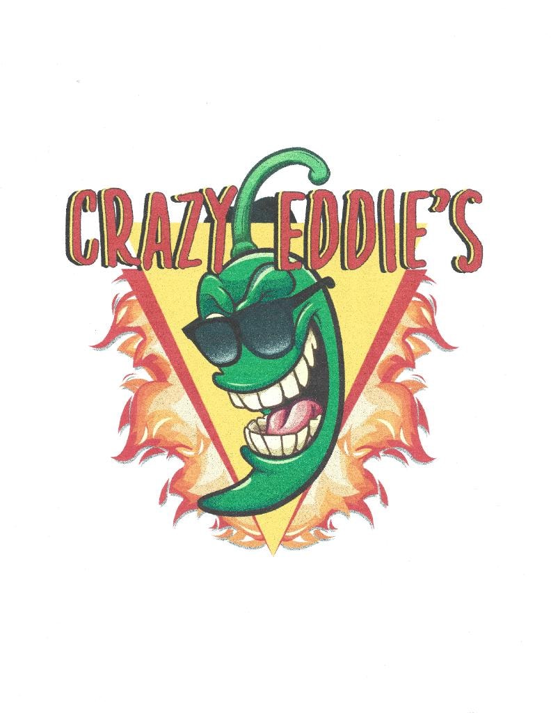 Crazy Eddie's Logo positioned over the heart on the front of a black shirt